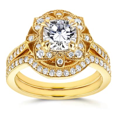 Annello by Kobelli 14k Yellow Gold Cushion Moissanite and 1/2ct TDW Diamond 2-Piece Floral Antique Bridal Set