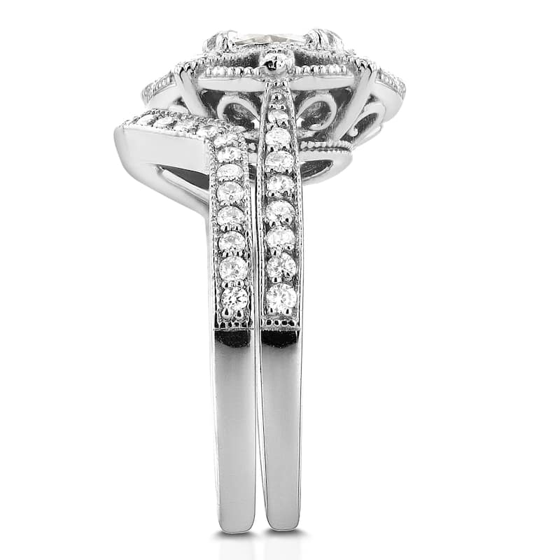 Annello by Kobelli 14k White Gold Round Moissanite and 1/2ct TDW Diamond 2-Piece Floral Antique Brid