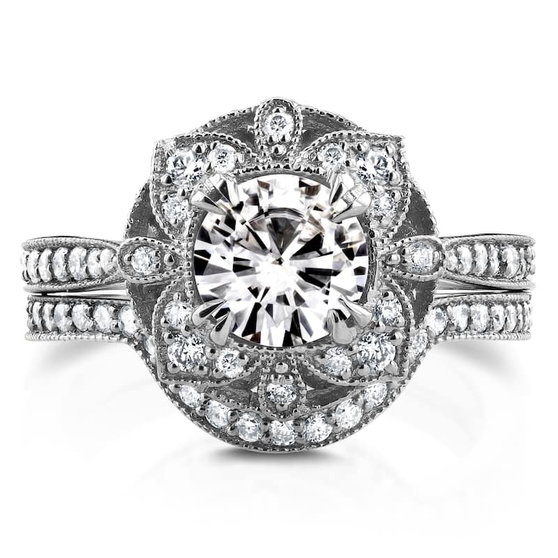Annello by Kobelli 14k White Gold Round Moissanite and 1/2ct TDW Diamond 2-Piece Floral Antique Brid