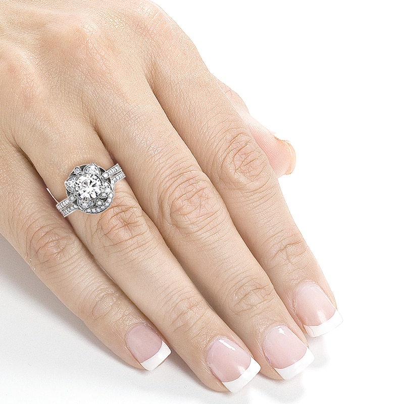 Annello by Kobelli 14k White Gold Round Moissanite and 1/2ct TDW Diamond 2-Piece Floral Antique Brid