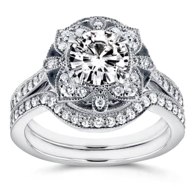 Annello by Kobelli 14k White Gold Round Moissanite and 1/2ct TDW Diamond 2-Piece Floral Antique Brid