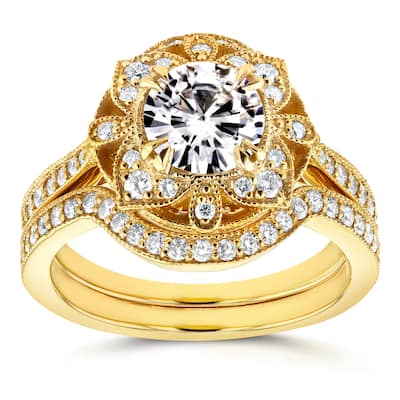 Annello by Kobelli 14k Yellow Gold Round Moissanite and 1/2ct TDW Diamond 2-Piece Floral Antique Bridal Ring Set (2pc0