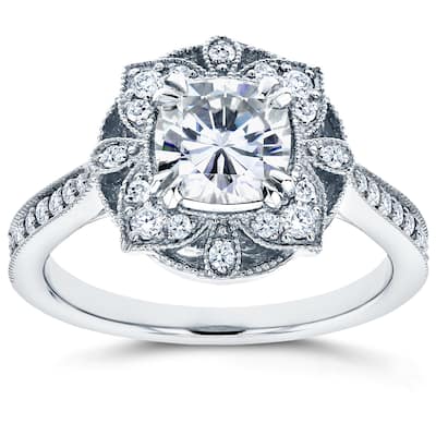 Annello by Kobelli 14k White Gold Cushion Forever One Moissanite and 1/4ct TDW Diamond Floral Antiqu