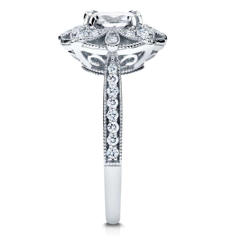 Annello by Kobelli 14k White Gold Cushion Forever One Moissanite and 1/4ct TDW Diamond Floral Antiqu