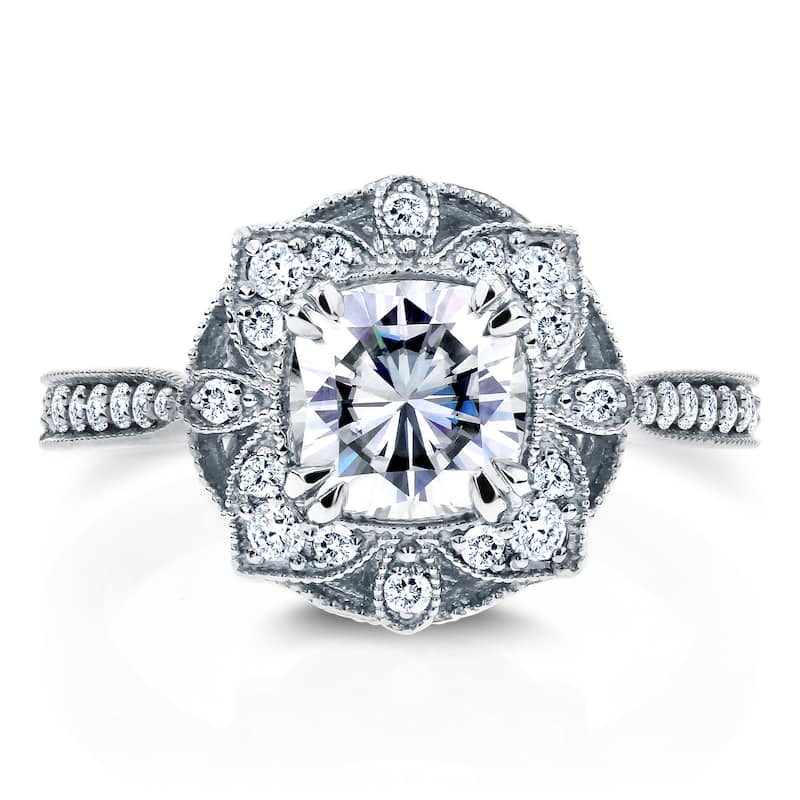 Annello by Kobelli 14k White Gold Cushion Forever One Moissanite and 1/4ct TDW Diamond Floral Antiqu