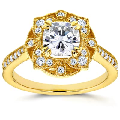 Annello by Kobelli 14k Yellow Gold Cushion Forever One Moissanite and 1/4ct TDW Diamond Floral Antiq