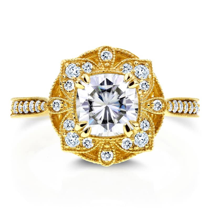 Annello by Kobelli 14k Yellow Gold Cushion Forever One Moissanite and 1/4ct TDW Diamond Floral Antiq