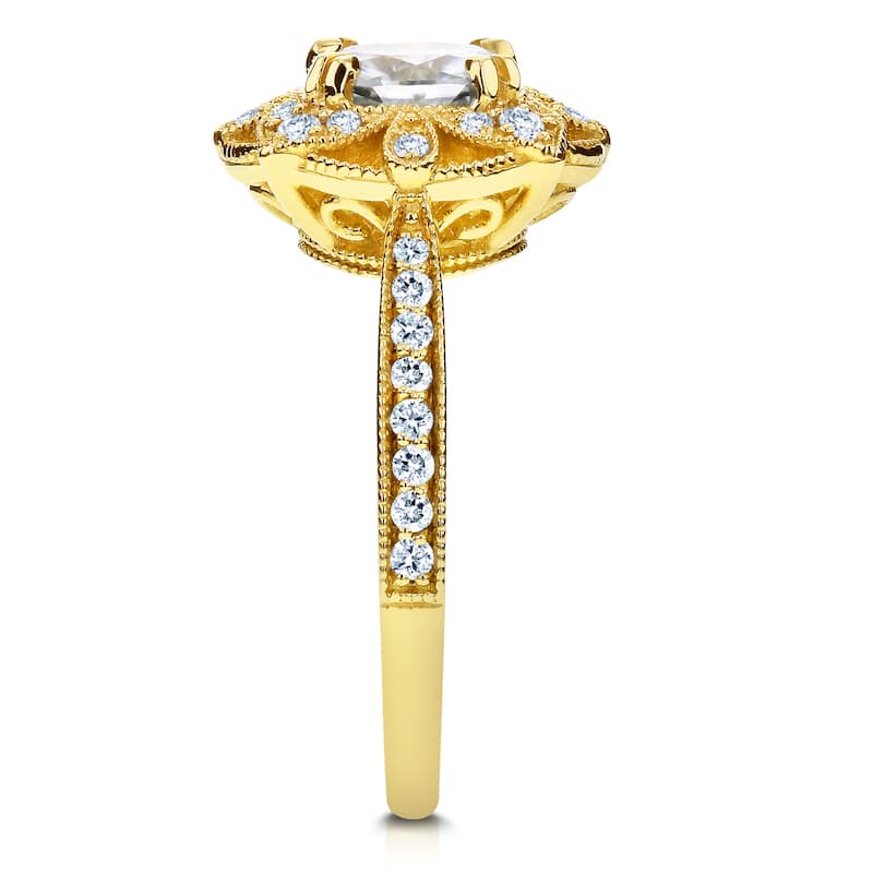 Annello by Kobelli 14k Yellow Gold Cushion Forever One Moissanite and 1/4ct TDW Diamond Floral Antiq