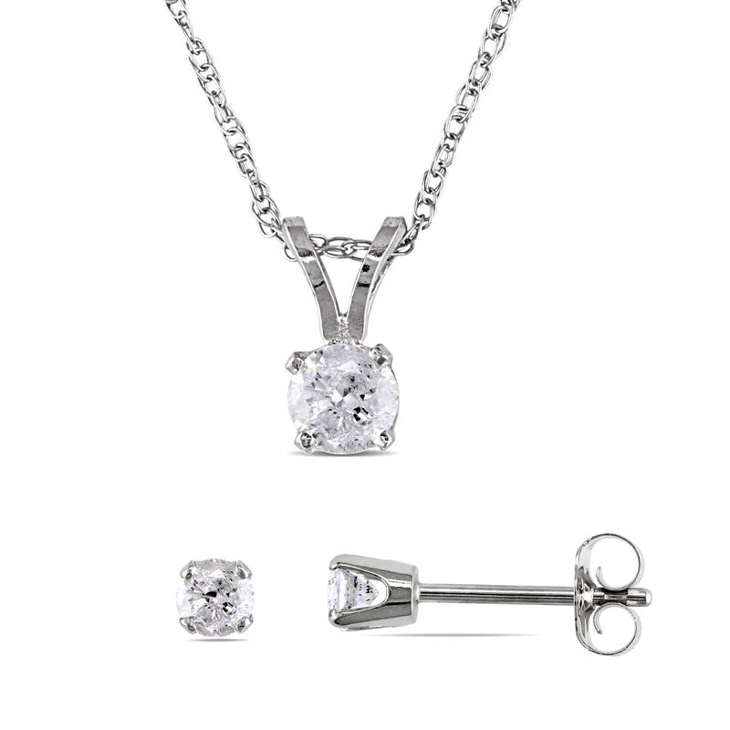 Miadora 1/2ct TDW Diamond Solitaire Drop Necklace and Stud Earrings 2-Piece Set in 14k White Gold