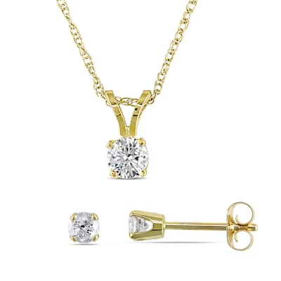 Miadora 14k Yellow Gold 1/2ct TDW Diamond Solitaire Drop Necklace and Stud Earrings 2-piece Set - White