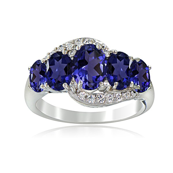 Glitzy Rocks Sterling Silver Created Sapphire and White Topaz 5-stone Ring
