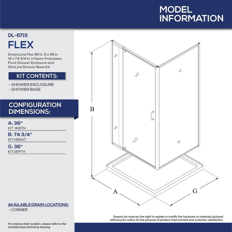DreamLine Flex 36 in. D x 36 in. W x 74 3/4 in. H Pivot Shower Enclosure and Shower Base Kit - 36" x 36"