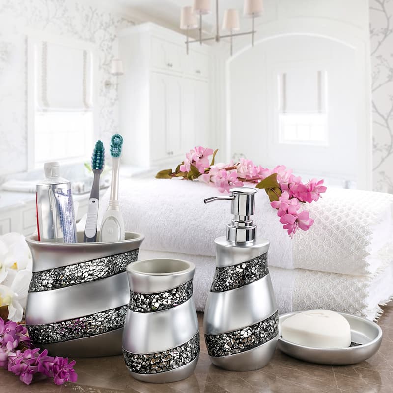 Creative Scents Silver Mosaic Glass 4-Piece Bathroom Accessory Set