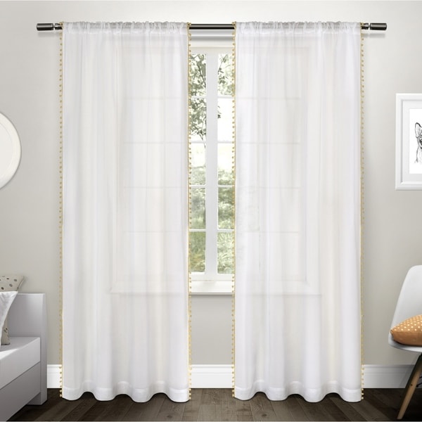 ATI Home Pom Pom Applique Sheer Rod Pocket Top Curtain Panel Pair