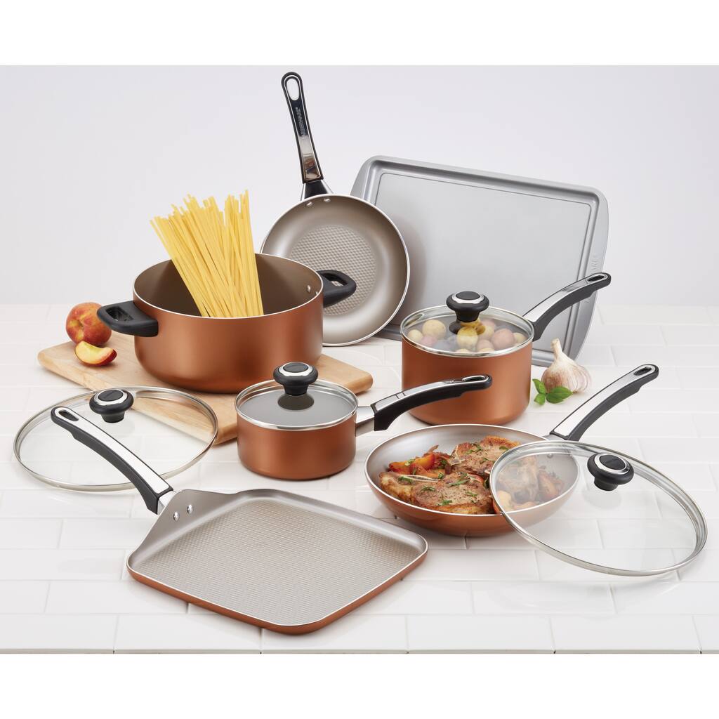 Farberware High Performance Nonstick Aluminum Cookware Set, 17-Piece, Copper