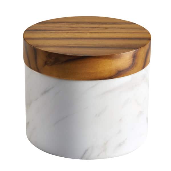 Anolon Pantryware White Marble Salt Cellar with Teak Wood Lid, 5.25