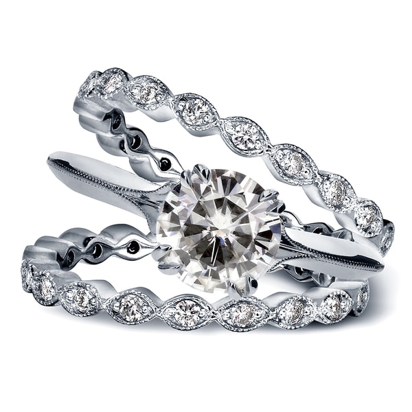 Annello by Kobelli 14k Gold Forever One Moissanite and 3/4ct TDW Diamond Blooming Flower 3-Piece Bri