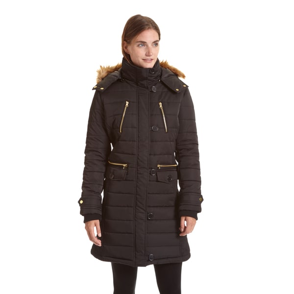 black puffer jacket with brown fur hood