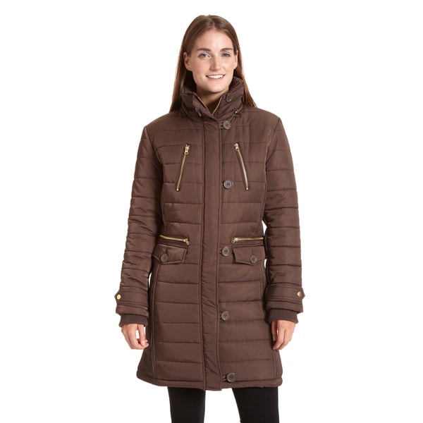 black puffer jacket with brown fur hood