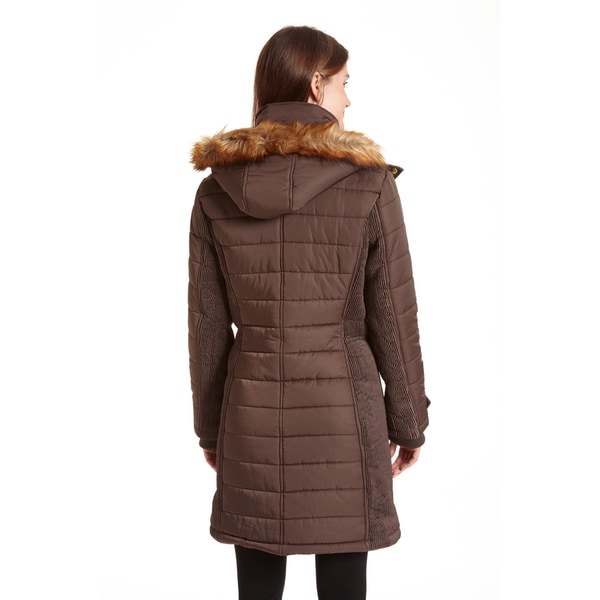 black puffer jacket with brown fur hood