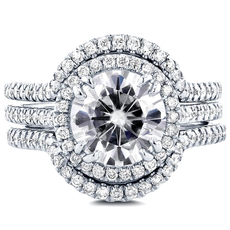 Annello by Kobelli 14k White Gold 2 1/2ct TGW Round Moissanite and Diamond Halo 3-Piece Bridal Set (GH/VS, GH/I) - 4