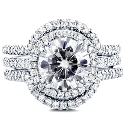 Annello by Kobelli 14k White Gold 2 1/2ct TGW Round Moissanite and Diamond Halo 3-Piece Bridal Set (GH/VS, GH/I)