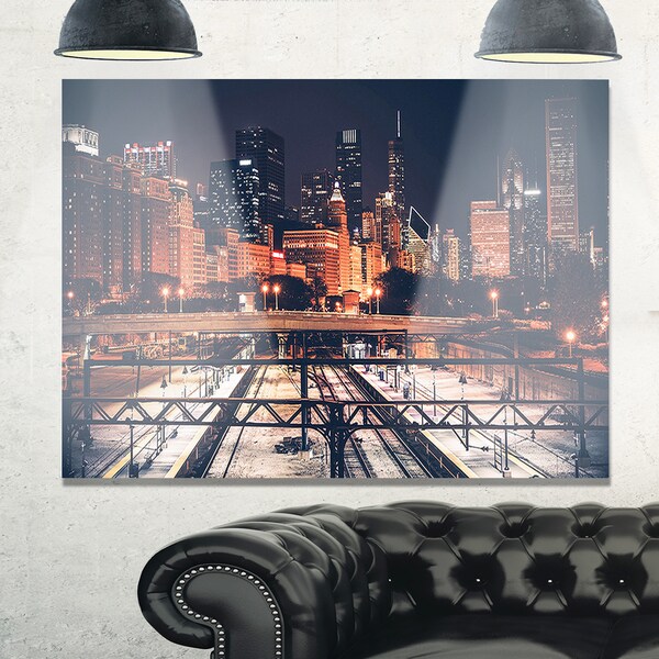 Shop Dark Chicago Skyline and Railroad Cityscape Glossy Metal Wall