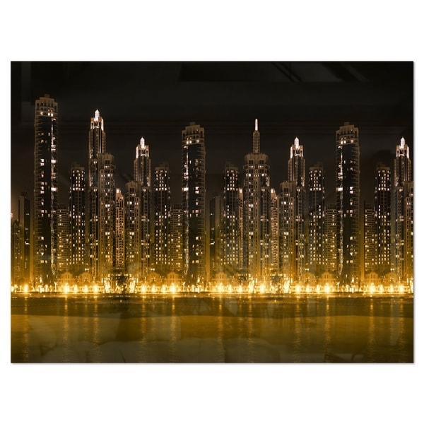 Modern City with Illuminated Skyscrapers - Cityscape Glossy Metal Wall Art. Opens flyout.