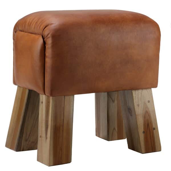 slide 1 of 1, Bare Decor Gorgie Brown Leather Wood Accent Stool