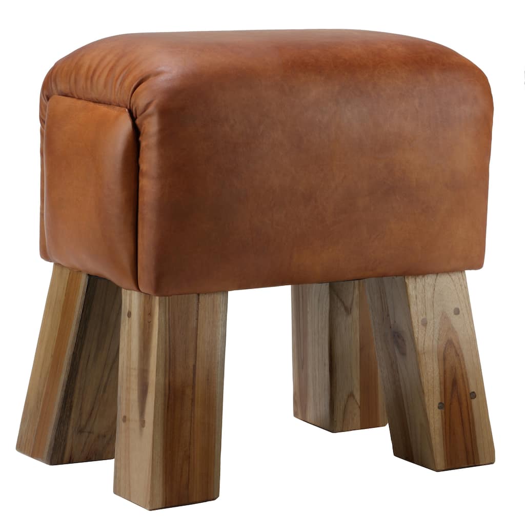 Bare Decor Gorgie Brown Leather Wood Accent Stool