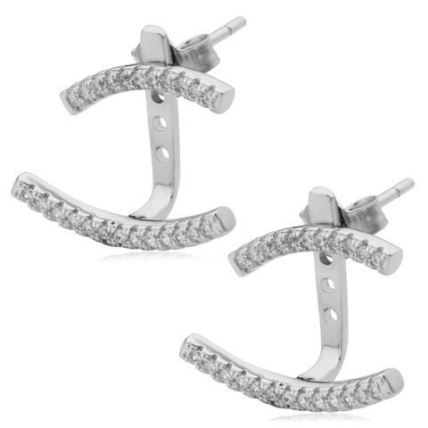 Fremada Sterling Silver with Cubic Zirconia Curved Bar Stud and Ear Jacket Cuff Two in One Front Back Earrings