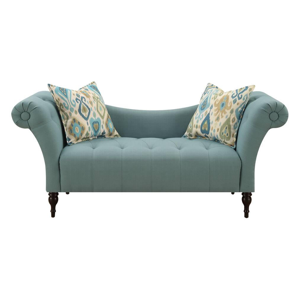 Lucille Blue Settee, with Pillows, Low, Curved Back, Button Tufted Seat, And Roll Arms
