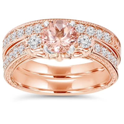 14K Rose Gold 2 CT TW Vintage Diamond & Morganite Engagement Wedding Ring Set (I-J,I2-I3)