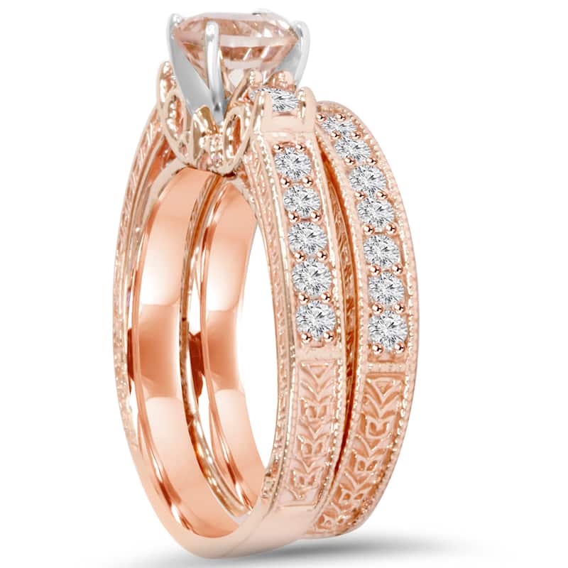 14K Rose Gold 2 CT TW Vintage Diamond & Morganite Engagement Wedding Ring Set (I-J,I2-I3)