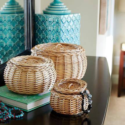 Tan Wicker Round Vanity Storage Basket (3-piece Set)