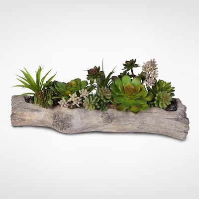 Artificial Succulents with Natural Rocks in a Stone Log