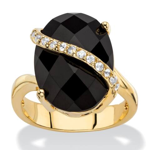 14K Yellow Gold-plated Black Onyx and Round Cubic Zirconia Ring