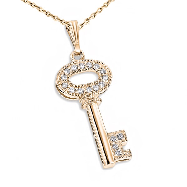 Ctw Round Shape White Natural Diamond Key Pendant Necklace In 14k Gold Over Sterling Silver 0.15 Carat