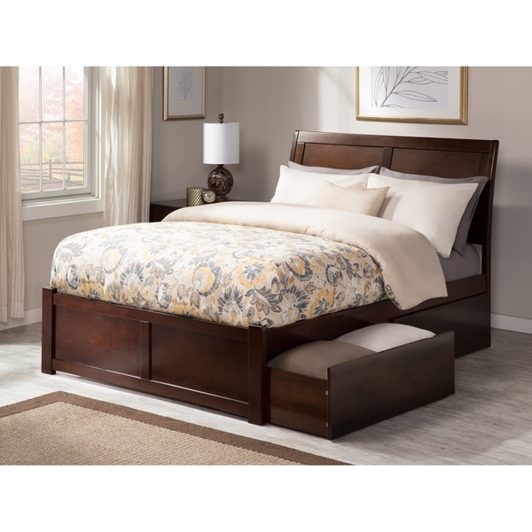 Portland Queen Platform Bed with Flat Panel Foot Board and 2 Urban Bed Drawers in Walnut