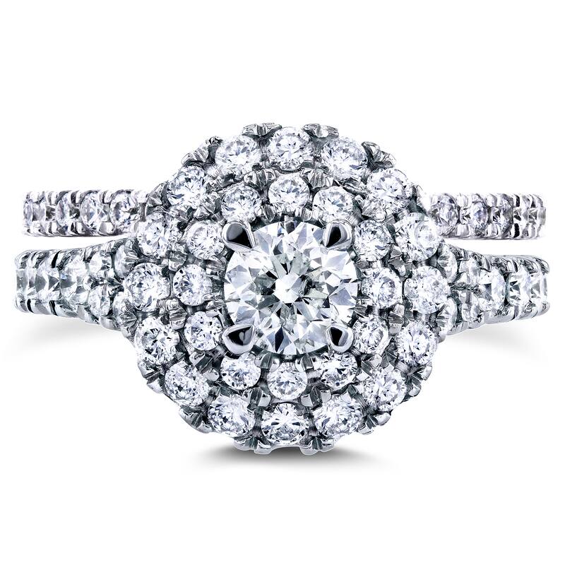 Annello by Kobelli 14k White Gold 2ct TDW Round Diamond Double Halo Cluster Cathedral Bridal Rings