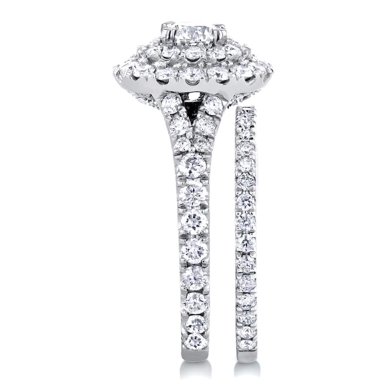 Annello by Kobelli 14k White Gold 2ct TDW Round Diamond Double Halo Cluster Cathedral Bridal Rings