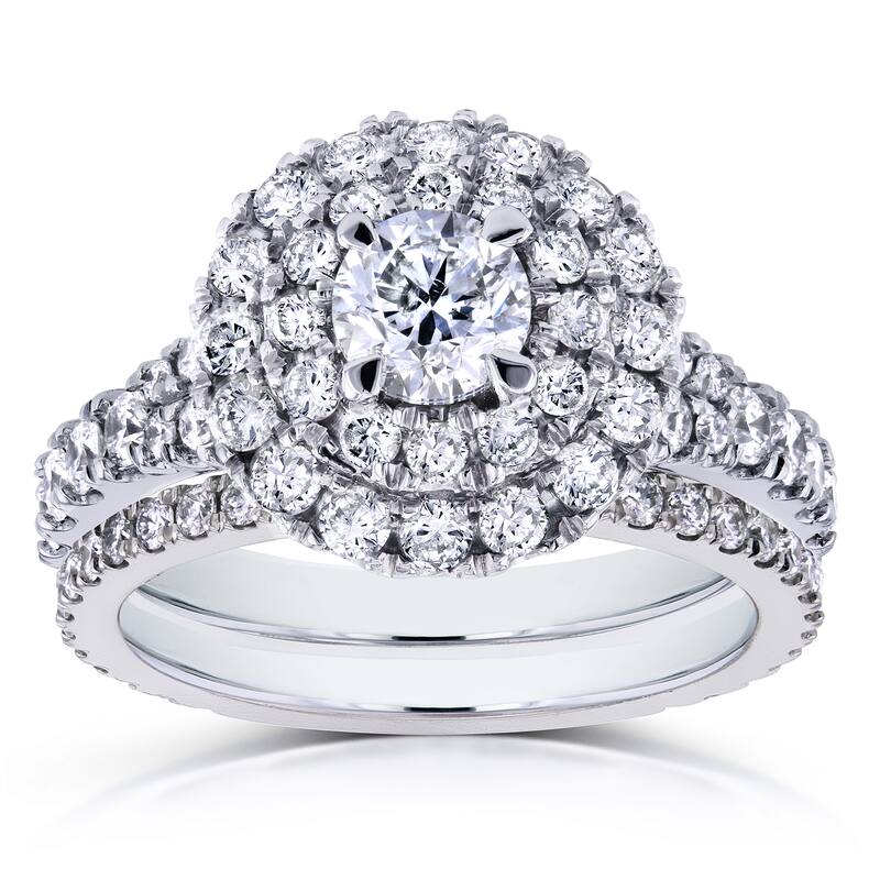Annello by Kobelli 14k White Gold 2ct TDW Round Diamond Double Halo Cluster Cathedral Bridal Rings - 4