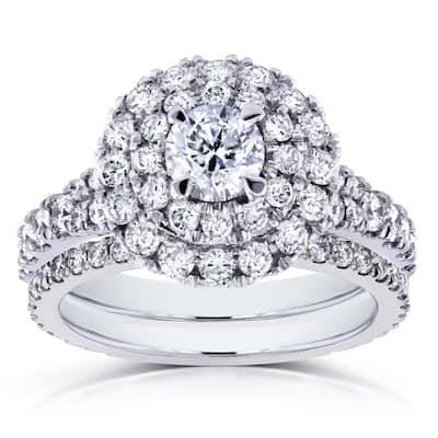 Annello by Kobelli 14k White Gold 2ct TDW Round Diamond Double Halo Cluster Cathedral Bridal Rings