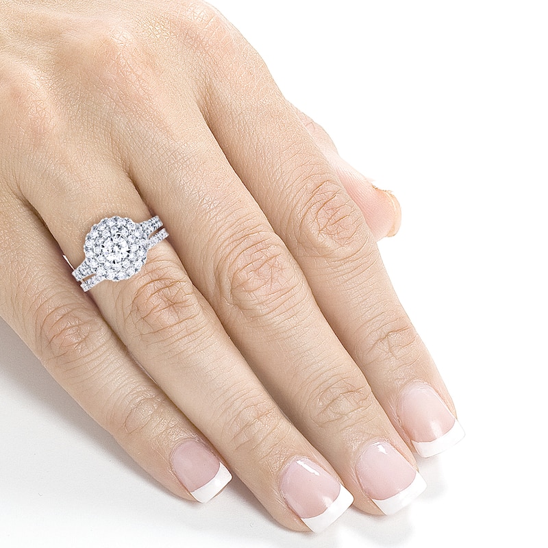 Annello by Kobelli 14k White Gold 2ct TDW Round Diamond Double Halo Cluster Cathedral Bridal Rings