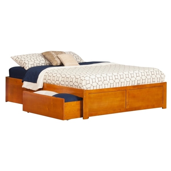Concord Queen Platform Bed with Flat Panel Foot Board and 2 Urban Bed Drawers in Caramel