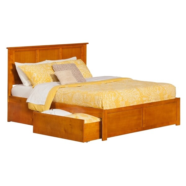 Madison Queen Platform Bed with Flat Panel Foot Board and 2 Urban Bed Drawers in Caramel