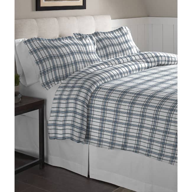 Pointehaven Blue Plaid Printed Cotton Flannel Duvet Set - Multi-color - Twin - Country - 2 Piece