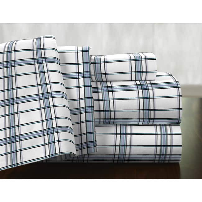 Pointehaven Blue Plaid Printed Cotton Flannel Duvet Set - Multi-color