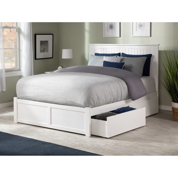 Nantucket Queen Platform Bed with Flat Panel Foot Board and 2 Urban Bed Drawers in White