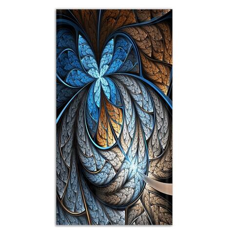 Blue Brown Fractal Flower Pattern - Floral Digital Art Glossy Metal Wall Art